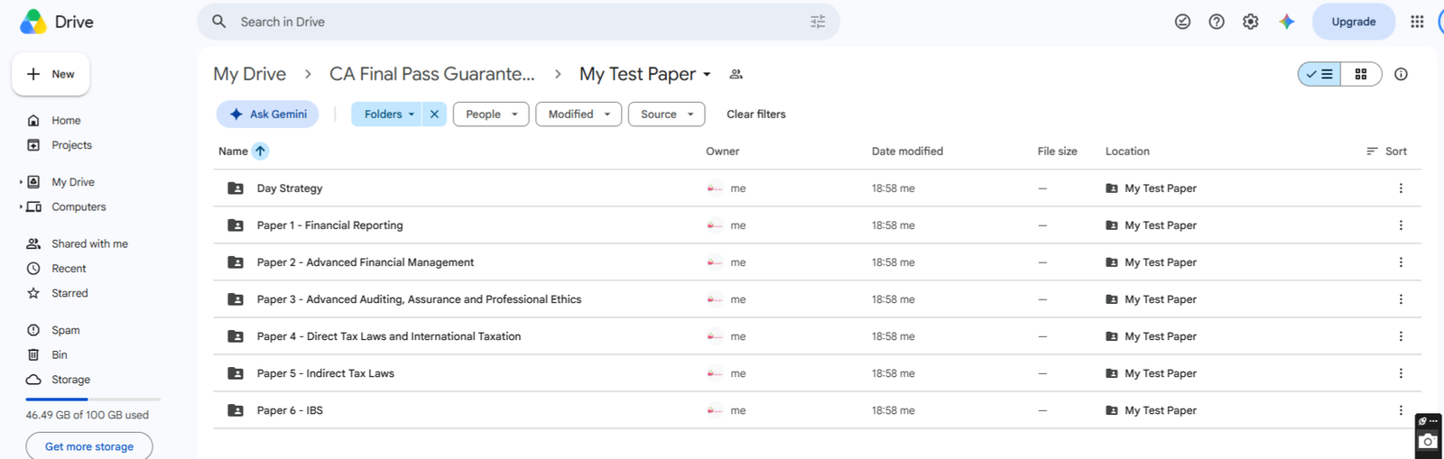 Google Drive CA Final test series folder preview